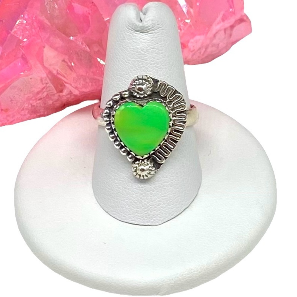 Silver Heart Ring with Green Stone